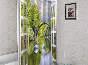 3D штора для ванны «Вид на озеро с лебедями»
