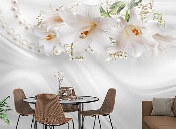 3D Фотообои «Лилии на нежном белом шелке»