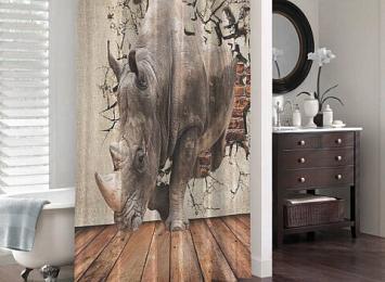 3D шторка для ванной «Носорог сквозь стену»