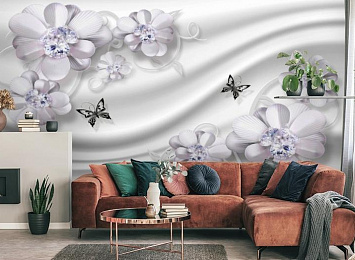 3D Фотообои «Сапфировая фантазия с цветами и бабочками»