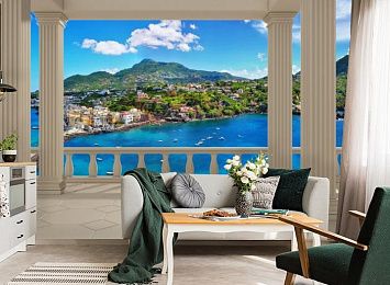 3D Фотообои  «Балкон с колоннами средиземноморский пейзаж»