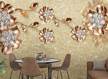 3D Фотообои «Ювелирные цветы на золотом песке»