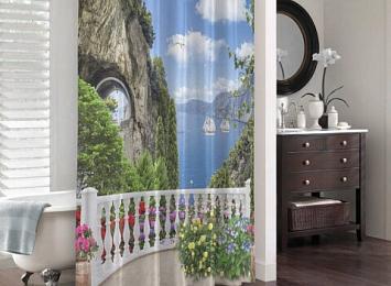 3D штора для ванны «Античный балкон с видом на парусники в заливе»