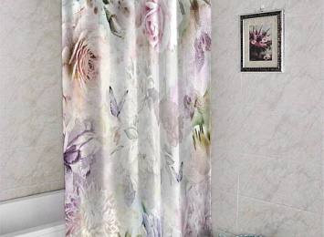 3D штора в ванную комнату «Бабочки в нежных цветах»