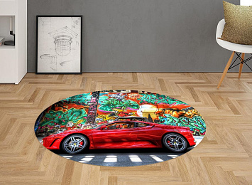 3D Ковер «Красный автомобиль на фоне граффити»