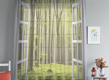 3D Тюль на окна "Окно с видом на зеленый лес"