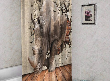 3D шторка для ванной «Носорог сквозь стену»