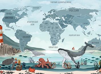 Фотообои «Бирюзовая карта с морскими животными»