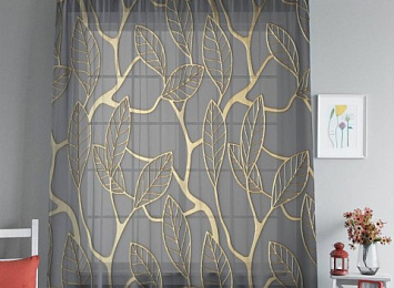 Оконный 3D тюль "Узор с золотыми листьями"