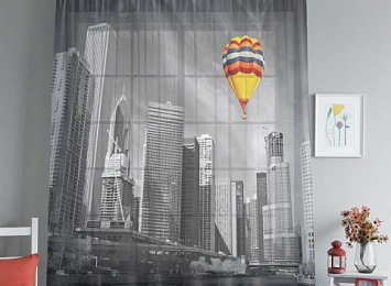 3D Тюль на окна "Воздушный шар в мегаполисе"