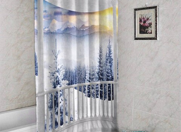 3D фото занавеска для ванной «Вид с балкона на зимний лес»