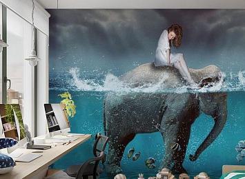 3D Фотообои «Девушка на слоне»