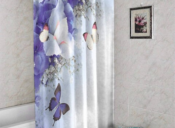 3D фото занавеска для ванной «Бабочки под нежными цветами»