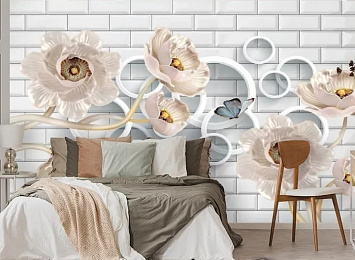 3D Фотообои «Кованые цветы с кольцами на кирпичной стене»