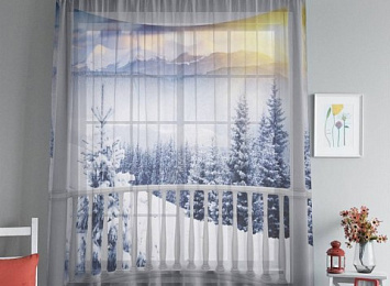 3D тюль "Вид с балкона на зимний лес"