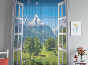 Фототюль с печатью изображения "Окно с видом на Баварские горы"