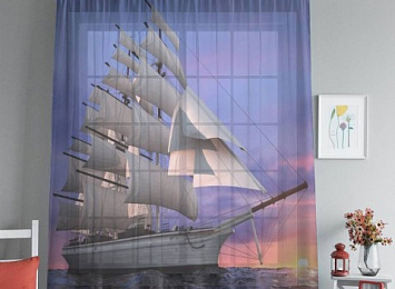 3D Тюль на окна "Парусный корабль на закате"
