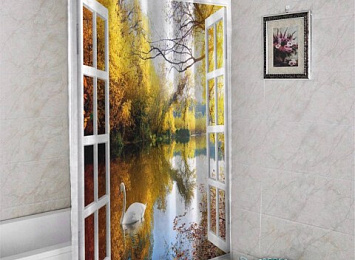 3D занавеска в ванную комнату «Окно с видом на озеро с лебедями»
