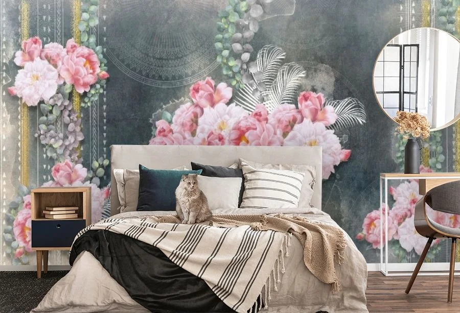 Картинка 3D Фотообои «Орнамент с цветами в темных тонах» | интернет-магазин ELEGANT HOME DECOR
