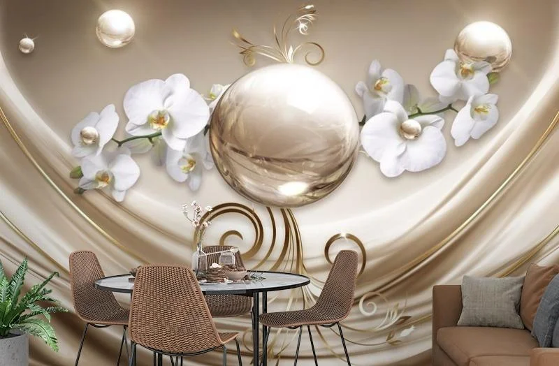 Картинка 3D Фотообои «Орхидеи с золотой жемчужиной» | интернет-магазин ELEGANT HOME DECOR