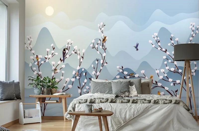 Картинка 3D Фотообои «Птичья стайка на цветущих ветвях» | интернет-магазин ELEGANT HOME DECOR