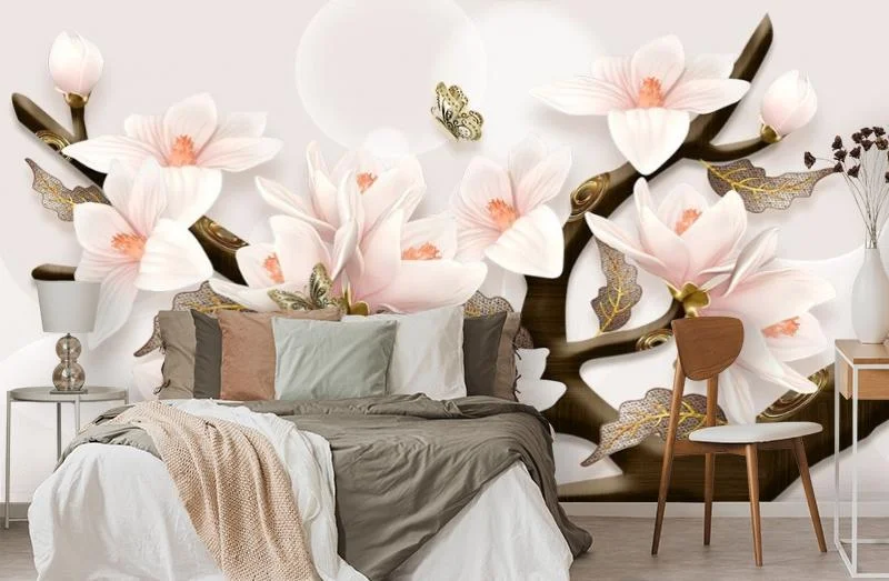 Картинка 3D Фотообои «Шикарная магнолия с бабочками» | интернет-магазин ELEGANT HOME DECOR