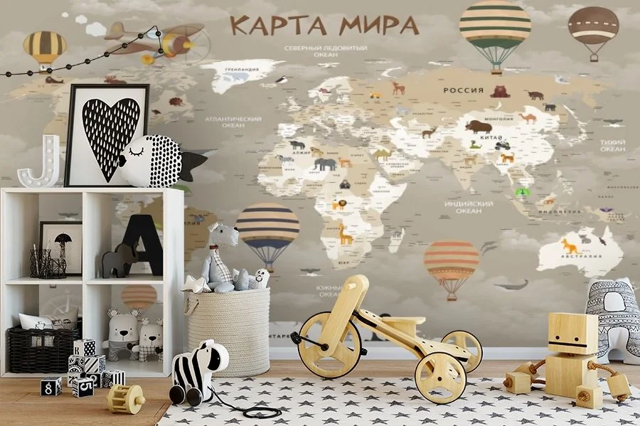 Картинка 3D Фотообои «Карта мира для детской в серых тонах» | интернет-магазин ELEGANT HOME DECOR