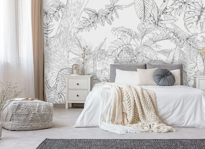 Картинка 3D Фотообои «Чёрно-белые леопарды в листве» | интернет-магазин ELEGANT HOME DECOR