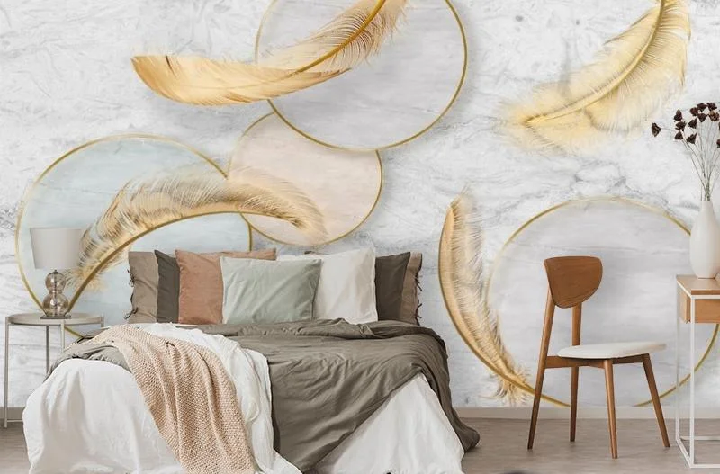 Картинка 3D Фотообои «Золотые перья с кругами» | интернет-магазин ELEGANT HOME DECOR