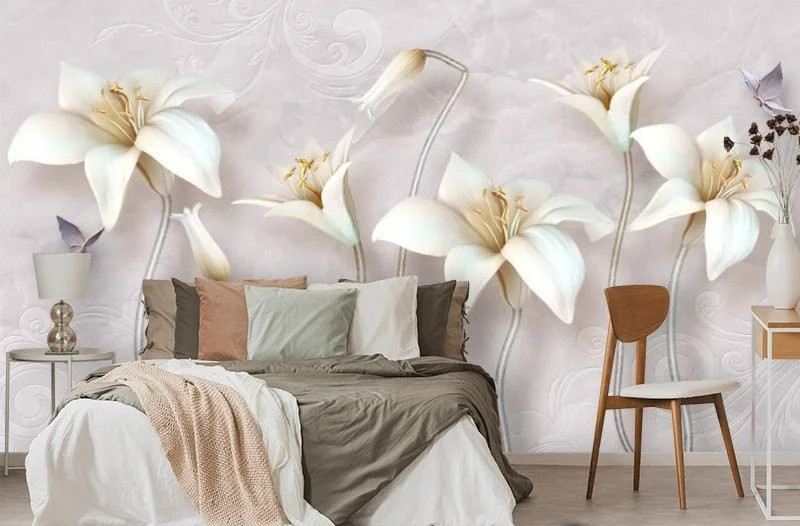 Картинка 3D Фотообои «Бабочки и объемные лилии» | интернет-магазин ELEGANT HOME DECOR