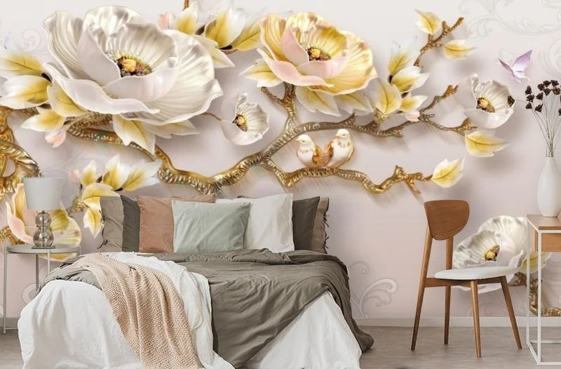 Картинка 3D Фотообои «Голубки на золотых ветвях» | интернет-магазин ELEGANT HOME DECOR