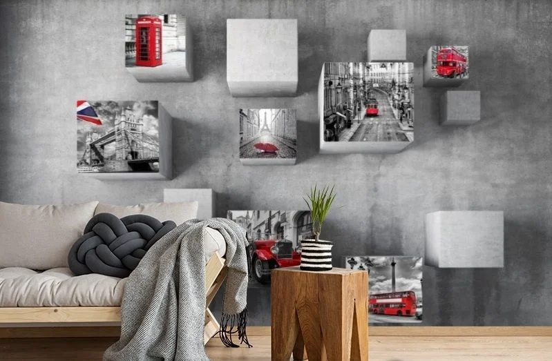 Картинка 3D Фотообои «Кубы с видами Лондона на стене» | интернет-магазин ELEGANT HOME DECOR