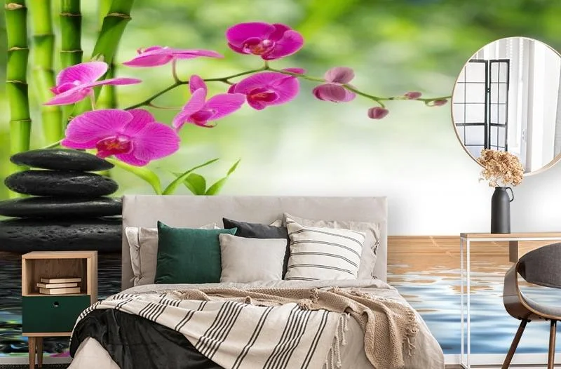 Картинка 3D Фотообои «Цветы орхидеи и черная галька» | интернет-магазин ELEGANT HOME DECOR
