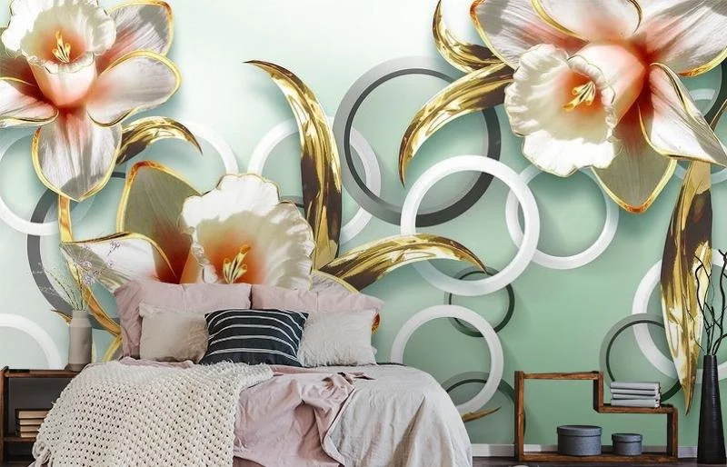 Картинка 3D Фотообои «Золотистые нарциссы на зеленом фоне» | интернет-магазин ELEGANT HOME DECOR