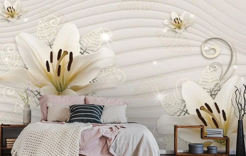 Картинка 3D Фотообои «Лилии на линейчатом фоне» | интернет-магазин ELEGANT HOME DECOR