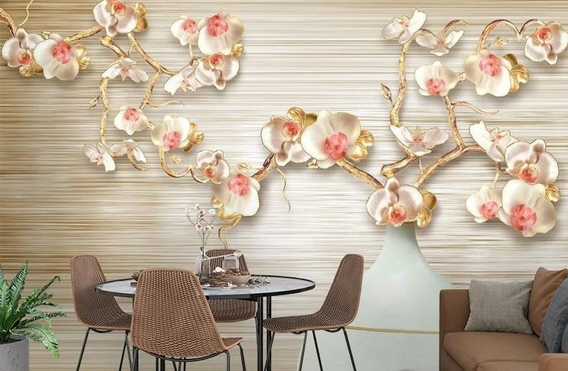 Картинка 3D Фотообои «Золотистые орхидеи в вазе» | интернет-магазин ELEGANT HOME DECOR