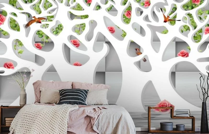 Картинка 3D Фотообои «Абстрактные белые деревья над водой» | интернет-магазин ELEGANT HOME DECOR