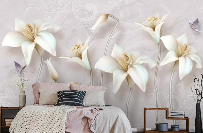 Картинка 3D Фотообои «Бабочки и объемные лилии» | интернет-магазин ELEGANT HOME DECOR