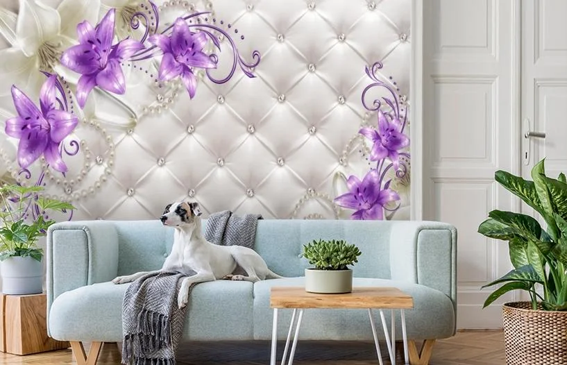 Картинка 3D Фотообои «Сиреневые лилии на стеганой коже» | интернет-магазин ELEGANT HOME DECOR