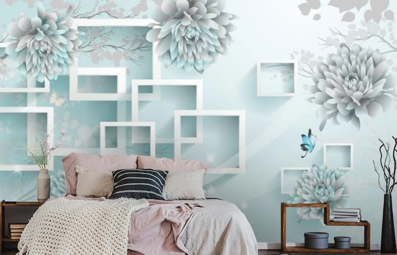 Картинка 3D Фотообои «Хризантемы в бирюзовом оттенке» | интернет-магазин ELEGANT HOME DECOR