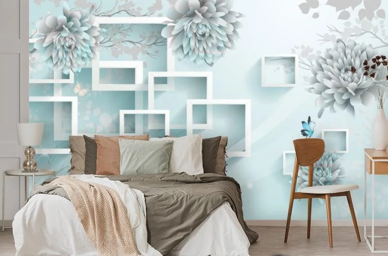 Картинка 3D Фотообои «Хризантемы в бирюзовом оттенке» | интернет-магазин ELEGANT HOME DECOR