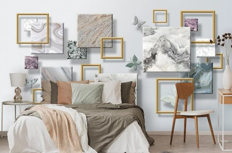 Картинка 3D Фотообои «Бабочки и мраморные квадраты» | интернет-магазин ELEGANT HOME DECOR