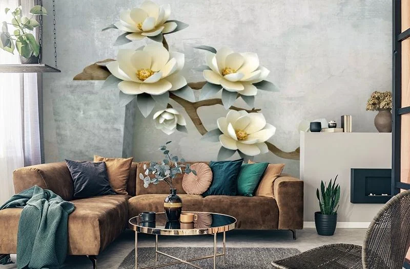 Картинка 3D Фотообои "Жасмин в каменной вазе" | интернет-магазин ELEGANT HOME DECOR