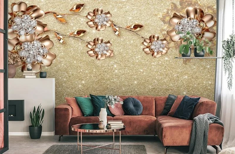 Картинка 3D Фотообои «Ювелирные цветы на золотом песке» | интернет-магазин ELEGANT HOME DECOR