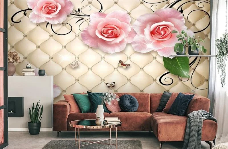 Картинка 3D Фотообои «Розы на стеганой коже» | интернет-магазин ELEGANT HOME DECOR
