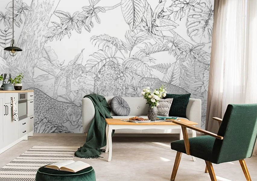 Картинка 3D Фотообои «Чёрно-белые леопарды в листве» | интернет-магазин ELEGANT HOME DECOR