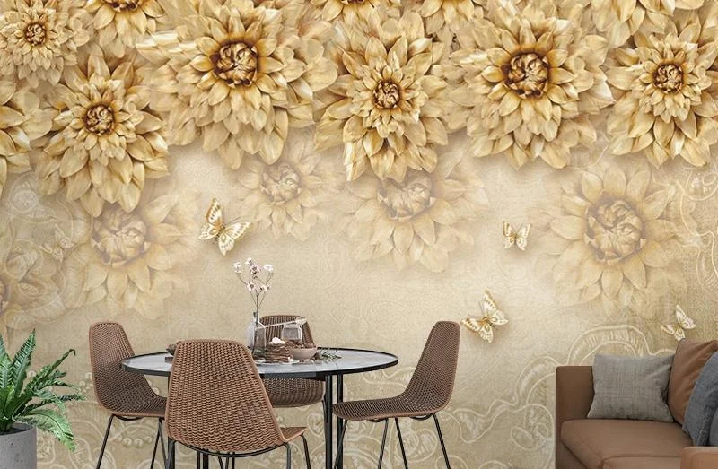 Картинка 3D Фотообои «Инсталляция с золотыми цветами» | интернет-магазин ELEGANT HOME DECOR