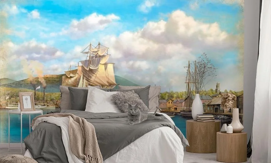 Картинка 3D Фотообои «Парусники в порту» | интернет-магазин ELEGANT HOME DECOR