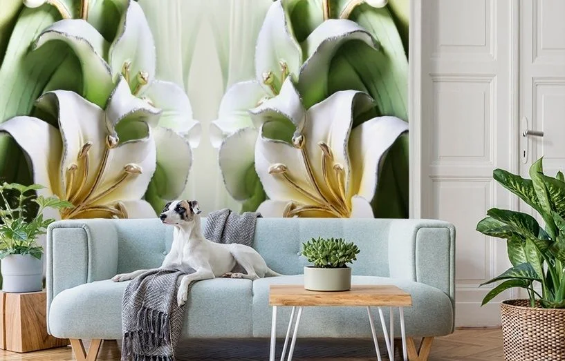 Картинка 3D Фотообои «Зеленые лилии из керамики» | интернет-магазин ELEGANT HOME DECOR