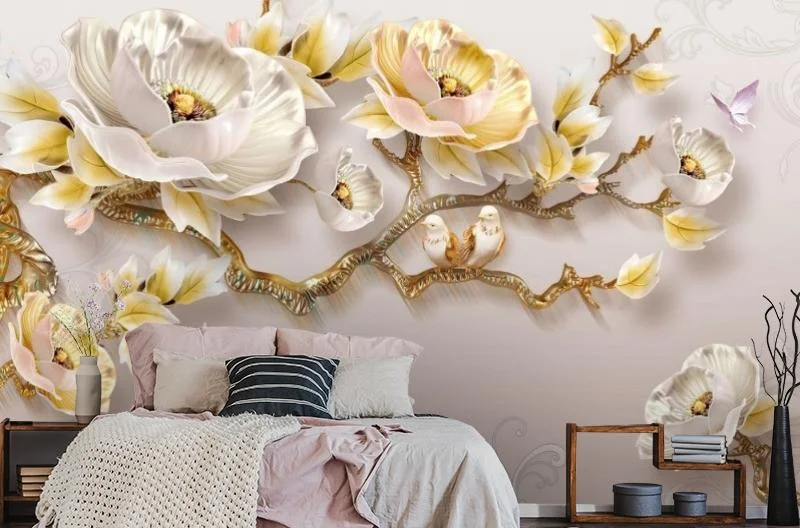 Картинка 3D Фотообои «Голубки на золотых ветвях» | интернет-магазин ELEGANT HOME DECOR